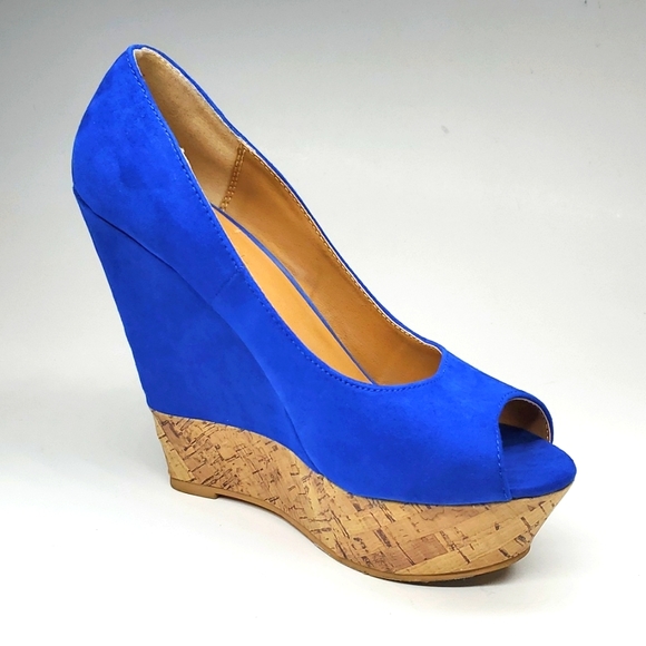 Forever 21 Blue Faux Suede Cork Like Wedge Peep Toe Platform Shoes 8 EUC - Picture 1 of 15